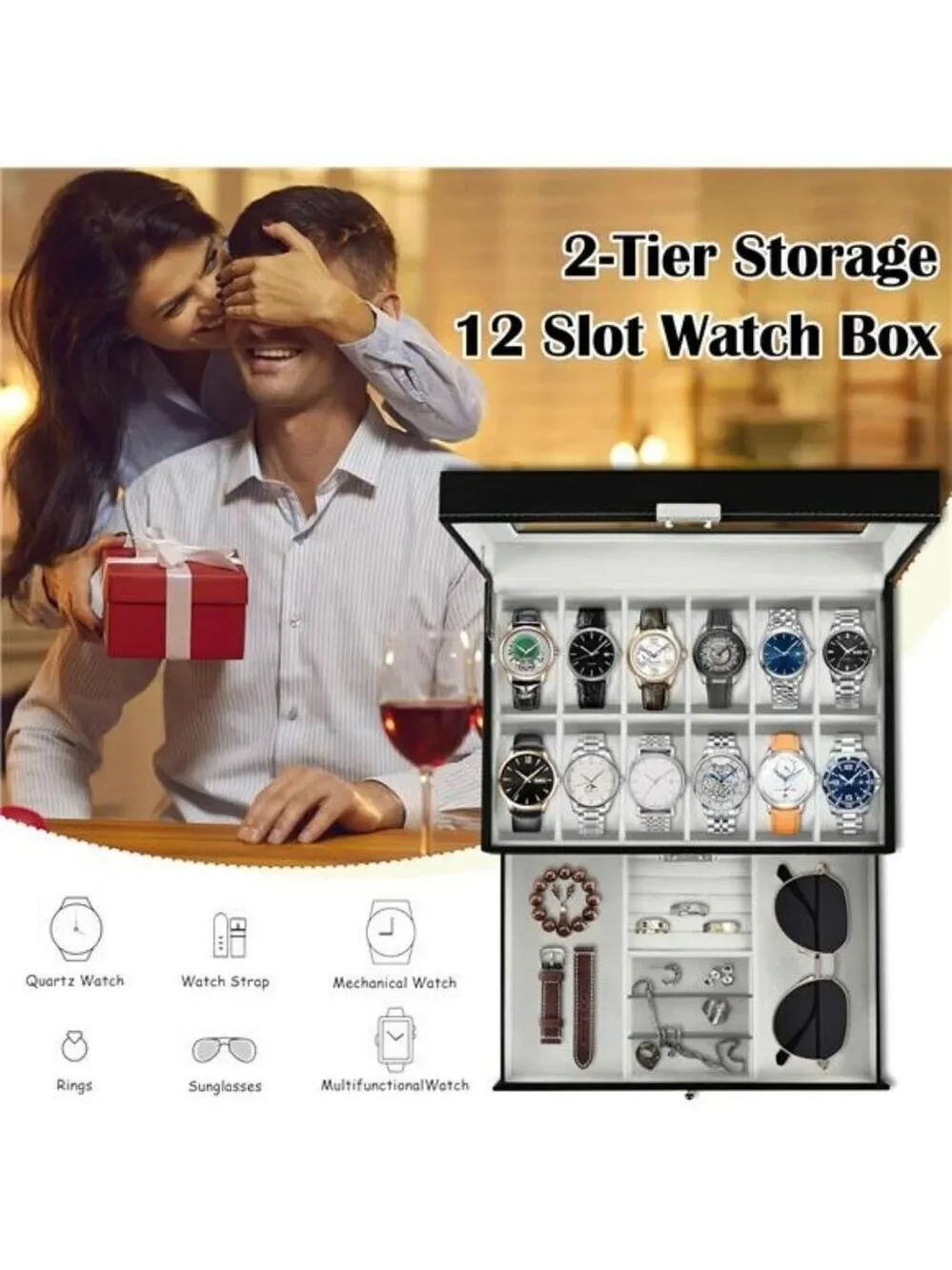 Watch Display Box 12 Slot PU Leather Jewelry Organizer with Glass Lid Drawer